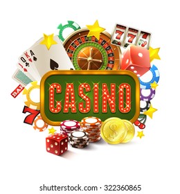 Casino frame with realistic gambling and game of fortune icons set vector illustration