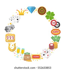 Casino frame with space for text. Gambling isolated on a white background. Poker, card games, one-armed bandit, roulette. Vector illustration, clip art