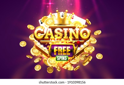 Casino Free Spin 777 Label Frame, Golden Banner, Border Winner, Vegas Game. Vector Illustration