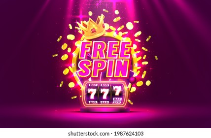 Casino free spin 777 label frame, golden banner, border winner, Vegas game. Vector illustration