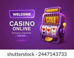 Casino free spins banner slots machine winner, jackpot fortune of luck. Vector illustration