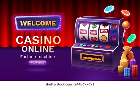 Casino free spins banner slots machine winner, jackpot fortune of luck. Vector illustration