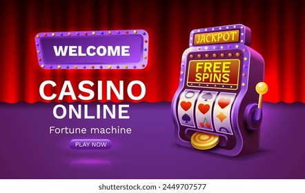 Casino free spins banner slots machine winner, jackpot fortune of luck. Vector illustration