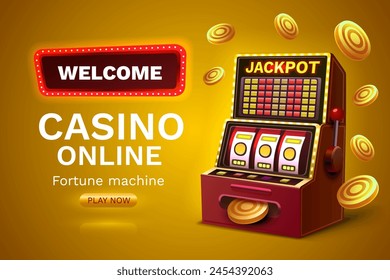 Casino free spins banner slots machine winner, jackpot fortune of luck. Vector illustration