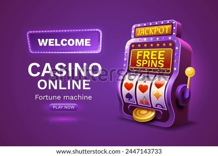 Casino free spins banner slots machine winner, jackpot fortune of luck. Vector illustration