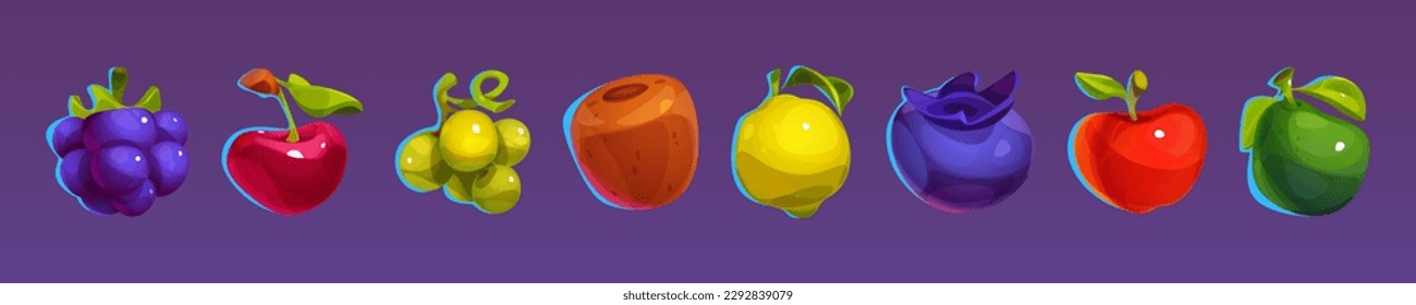 Casino fruit slot machine vector set. Cartoon icon design for match 3 game interface. Glossy and shiny apple, grape, pear, lemon and cherry asset gambling lottery isolated illustration collection.