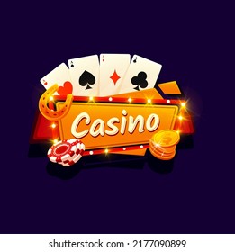 Casino gamble game, poker cards signboard with gold coins and chips, vector cartoon background. Vegas casino gambling slot machine game sign with neon lamps lights and lucky golden horseshoe