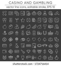 Casino and gamble set. Collection of vector line icons with elements for mobile concept and web app. Icons of slot machine, roulette, playing cards, dice, poker and more. Design with editable stroke.