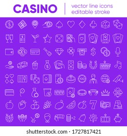 Casino and gamble set. Collection of vector line icons with elements for mobile concept and web app. Icons of slot machine, roulette, playing cards, dice, poker and more. Design with editable stroke.