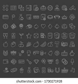 Casino and gamble set. Collection of vector line icons with elements for mobile concept and web app. Icons of slot machine, roulette, playing cards, dice, poker and more. Design with editable stroke.