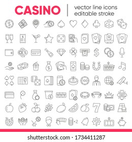 Casino and gamble set. Collection of vector line icons with elements for mobile concept and web app. Icons of slot machine, roulette, playing cards, dice, poker and more. Design with editable stroke.