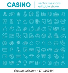 Casino and gamble set. Collection of vector line icons with elements for mobile concept and web app. Icons of slot machine, roulette, playing cards, dice, poker and more. Design with editable stroke.