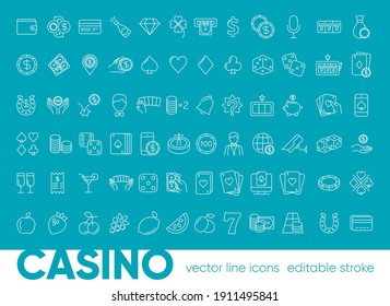 Casino y juego. Colección de iconos de línea vectorial con elementos para concepto móvil y aplicación web. Iconos de máquina tragaperras, ruleta, cartas de juego, dados, póquer y más. Diseño con trazo editable.