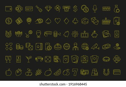 Casino and gamble set. Collection of vector line icons with elements for mobile concept and web app. Icons of slot machine, roulette, playing cards, dice, poker and more. Design with editable stroke.