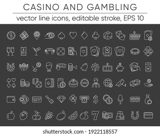 Casino and gamble set. Collection of vector line icons with elements for mobile concept and web app. Icons of slot machine, roulette, playing cards, dice, poker and more. Design with editable stroke.