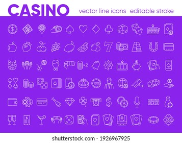 Casino and gamble set. Collection of vector line icons with elements for mobile concept and web app. Icons of slot machine, roulette, playing cards, dice, poker and more. Design with editable stroke.