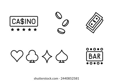 Iconos de juegos de casino y juegos de azar. Colección de iconos de línea vectorial con elementos para concepto móvil y aplicación web. Iconos de dados, póquer, dinero, efectivo, monedas, letreros. Ilustración lineal aislada