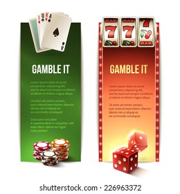 Casino gamble it vertical banners set with cards chips slot machine dice isolated vector illustration