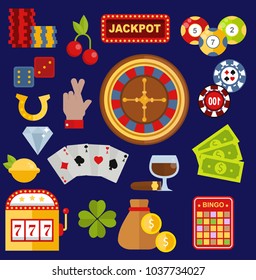 Casino gambler game vector icons poker symbols and casino blackjack cards gambler money winning icons with roulette gambler joker slot machine winner jackpot concept