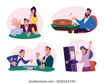 Casino. Gamblers playing roulette or poker in casino exact concept illustrations in cartoon style