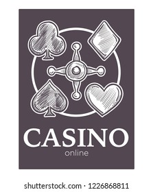 Casino gambling activity, monochrome sketch outline poster with coins vector. Cards with aces of diamonds, hearts and crosses, spades and dollar coins. Gaming playing and betting to win wealth