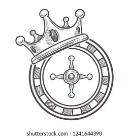 Casino gambling activity, monochrome sketch outline poster with coins vector.