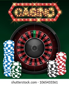 Casino Gambling background design with realistic Roulette Wheel and Casino Chips. Roulette table isolated on green background. Vector illustration.