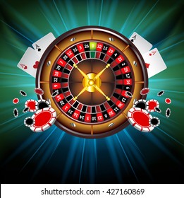 Casino Gambling background with Roulette Wheel and Casino Chips, Playing Cards.  Vector illustration. Chips are flying to viewer.Glowing  design. Four Aces Poker Combination.