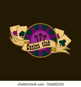 Casino and gambling badges or emblems each with aces playing cards, casino chips or tokens and lucky number 777