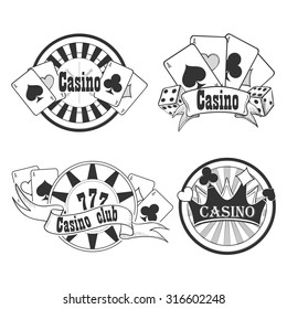 Casino and gambling badges or emblems each with word  Casino decorated with a hand of aces playing cards, dice, roulette board, casino chips or tokens and lucky number 777