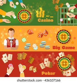 Casino and gambling banner casino games symbols chips croupier vector illustration 