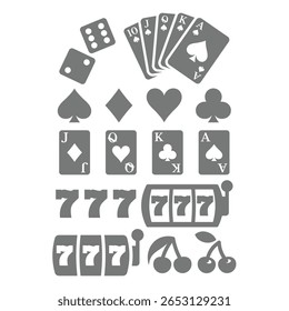 Casino e jogos de azar, conjunto de ícones de apostas. Jogando cartas, máquinas caça-níqueis e ícones do vetor do jogo royal flush.