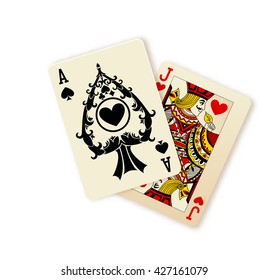 Casino Gambling Black Jack Winning Playing Card Combination. Vector Illustration.