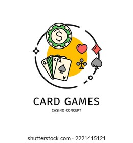 Casino Gambling Business Thin Line Icon Card Games Concept Include Of Spade, Cross , Heart And Diamond Deck. Vector Illustration