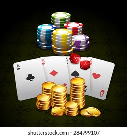 Casino and gambling with cards gold coins chips and dice background realistic vector illustration 