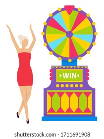 Casino gambling character vector, isolated woman wearing red dress standing by slot machine. Gambler happy to win money, winning personage raising hands
