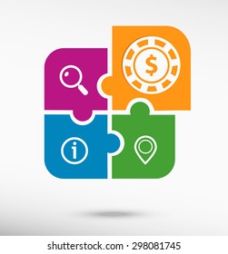 Casino gambling chips icon on colorful jigsaw puzzle. Flat style