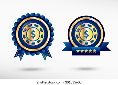 Casino gambling chips icon stylish quality guarantee badges. Blue colorful promotional labels
