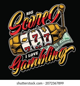 Casino and gambling colorful vintage badge with inscription dollar bill and slot machine with triple seven jackpot isolated vector illustration