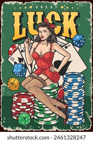 Casino gambling colorful vintage poster with beautiful girl sitting on chips for betting near cards for playing poker vector illustration