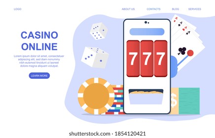 Casino and Gambling Concept. Mobile app, application with online poker, internet gambling, online casino. Website, web page or landing page template. Cartoon flat vector illustration