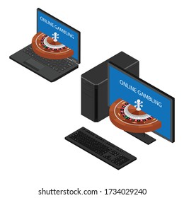 Casino and gambling concept. Online gambling. Computer monitor and laptop screeen with casino roulette wheel