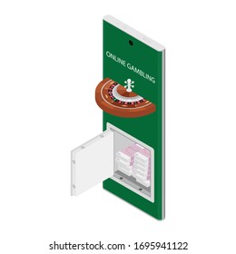 Casino and gambling concept. Online gambling. Smartphone with casino roulette wheel and money bank safe with euro banknotes