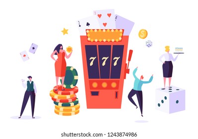 Casino and Gambling Concept. People Characters Playing in Games of Fortune. Man and Woman Play Poker, Roulette, Slot Machine. Vector Illustration