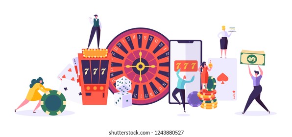 Casino and Gambling Concept. People Characters Playing in Games of Fortune. Man and Woman Play Poker, Roulette, Slot Machine. Vector Illustration