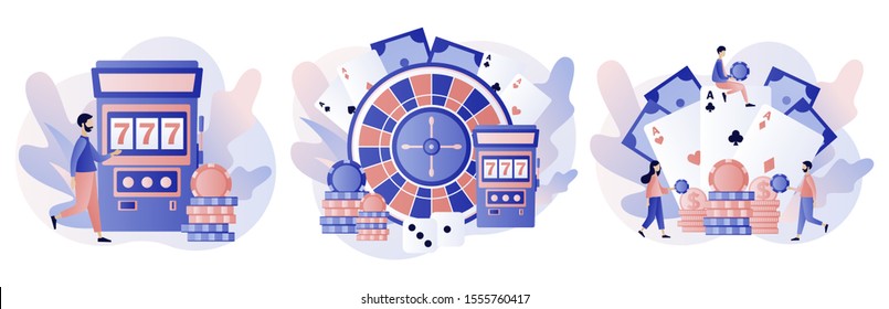 Casino and Gambling Concept. Tiny people gaming gambling games. People play Poker, Roulette, Slot Machine. Modern flat cartoon style. Vector illustration