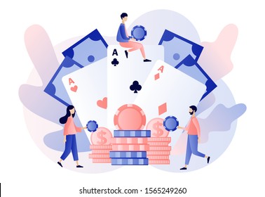 Casino and Gambling Concept. Tiny people gaming gambling games and bet. People play Poker. Poker Cards. Modern flat cartoon style. Vector illustration