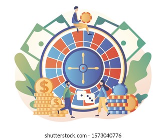 Casino and Gambling Concept. Tiny people gaming gambling games. People play Roulette. Modern flat cartoon style. Vector illustration