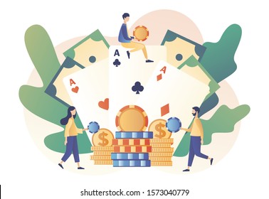 Casino and Gambling Concept. Tiny people gaming gambling games and bet. People play Poker. Poker Cards. Modern flat cartoon style. Vector illustration