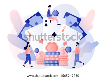 Casino and Gambling Concept. Tiny people gaming gambling games and bet. People play Poker. Poker Cards. Modern flat cartoon style. Vector illustration